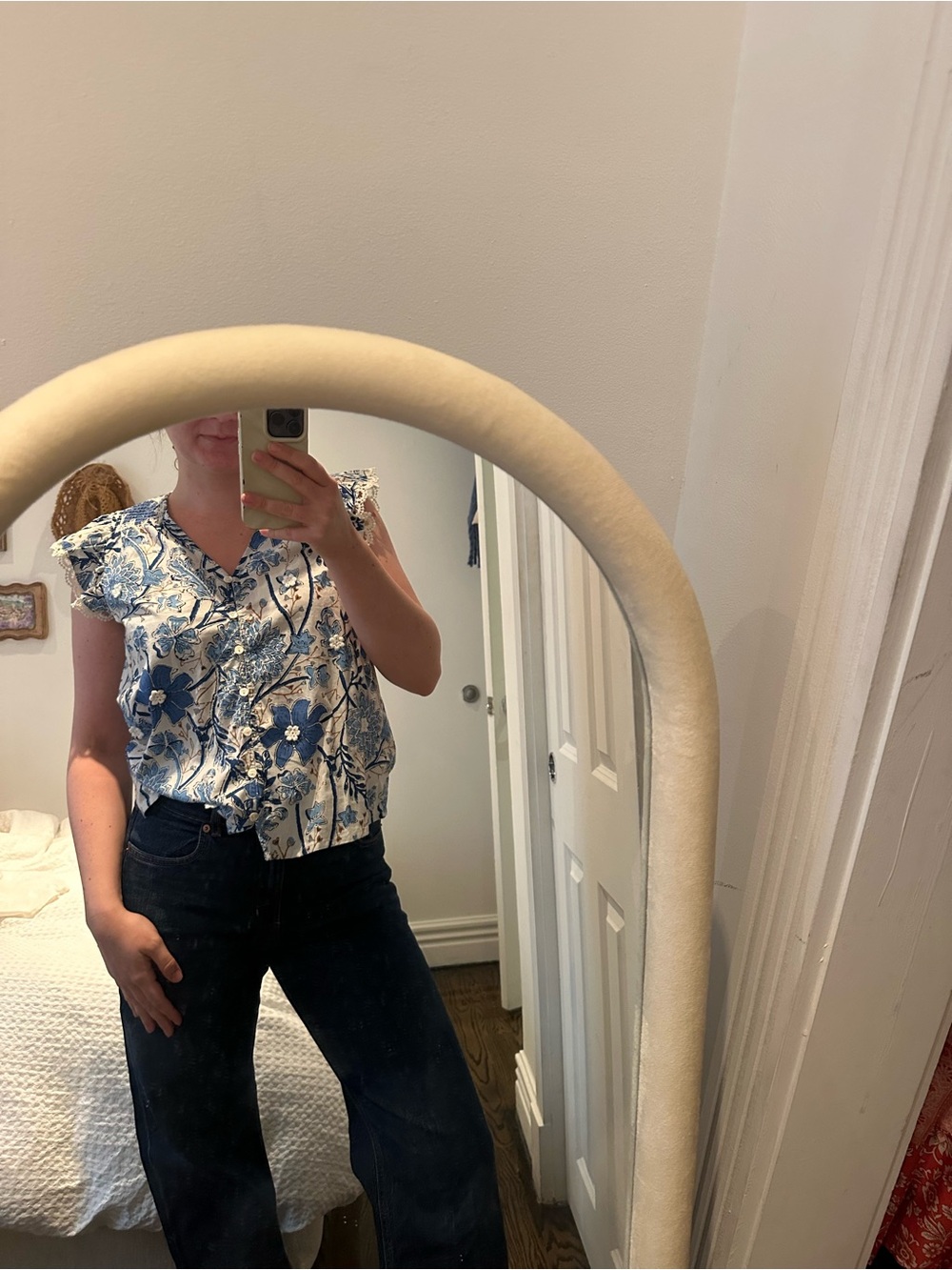 White and Blue Floral V-Neck Flutter Sleeve Blouse